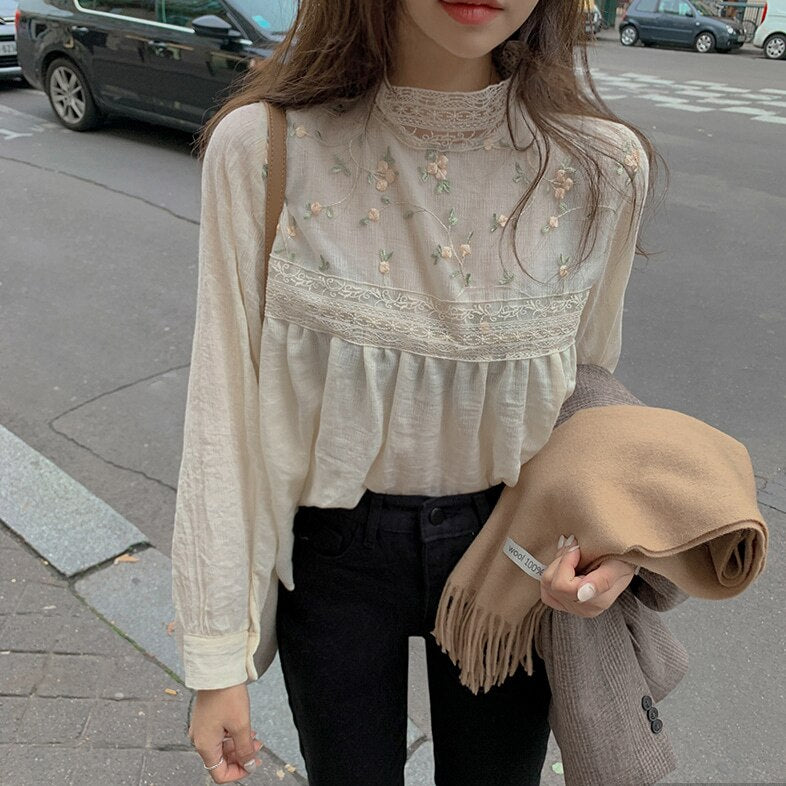 New Lace Stand Collar Long Sleeve Blouse