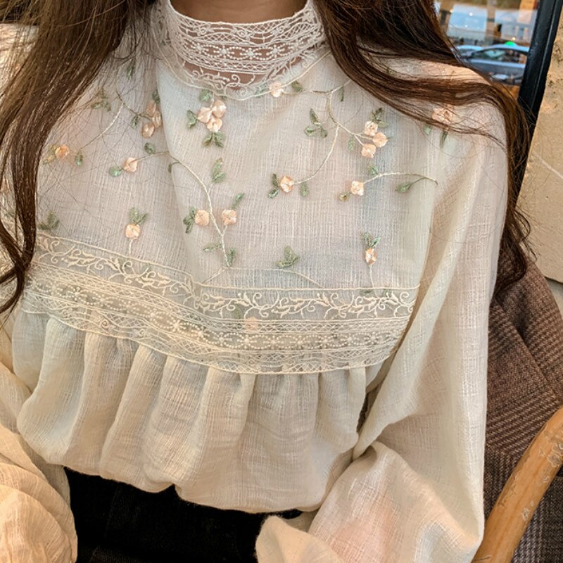 New Lace Stand Collar Long Sleeve Blouse