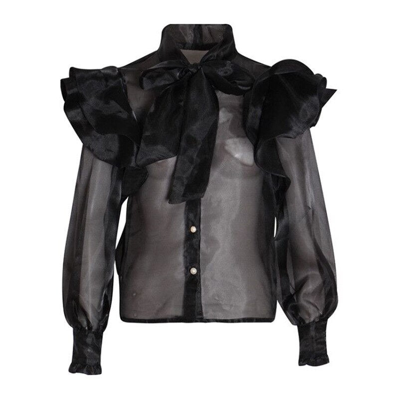 Sweet Bow Lace-up Ruffled Long Sleeve Shirt