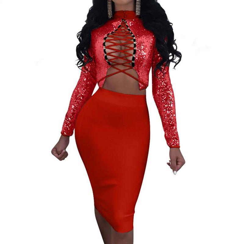 Women Sexy Night Club Skirt Set Suits