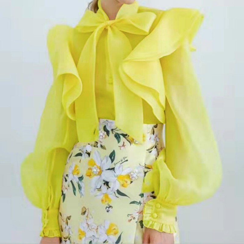 Sweet Bow Lace-up Ruffled Long Sleeve Shirt