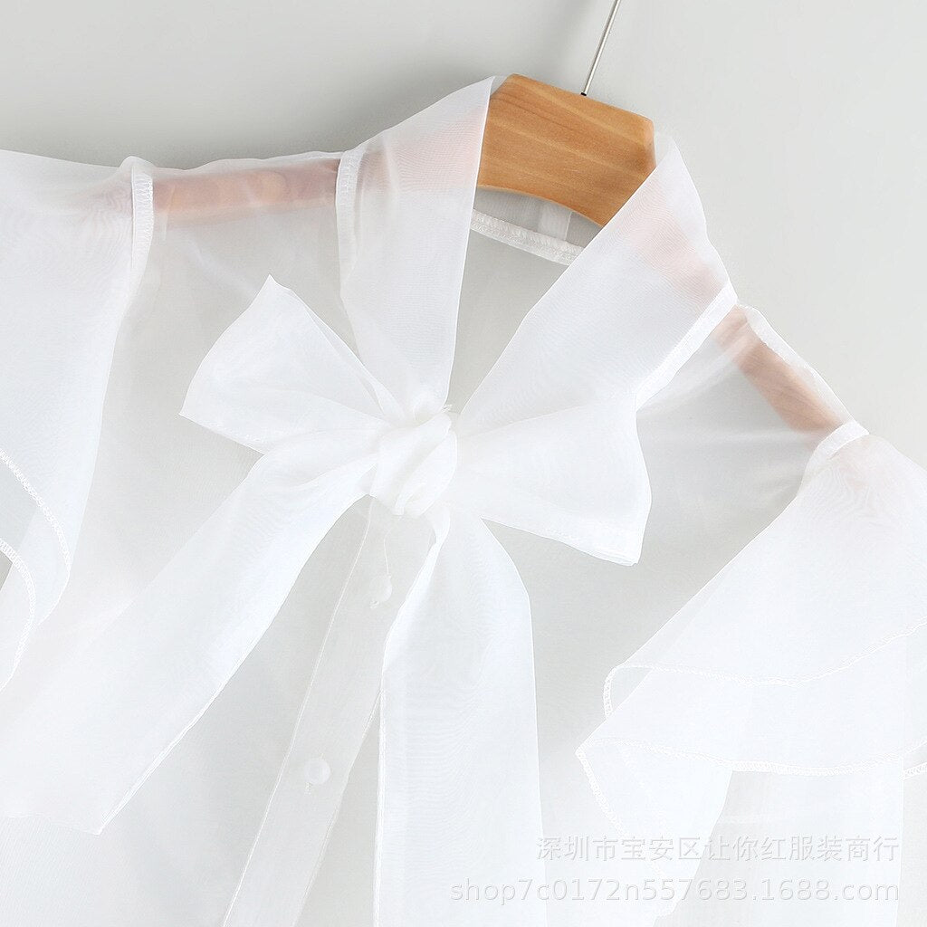 Sweet Bow Lace-up Ruffled Long Sleeve Shirt