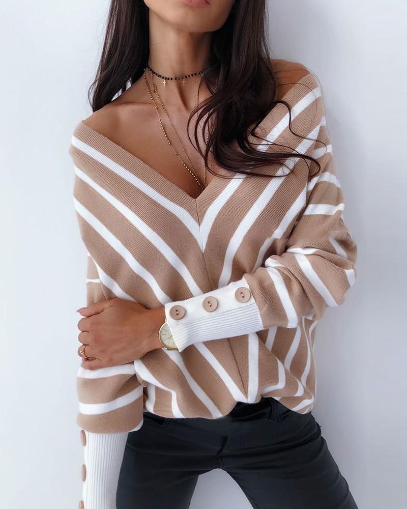 Women Cuff Striped Casual Sweater