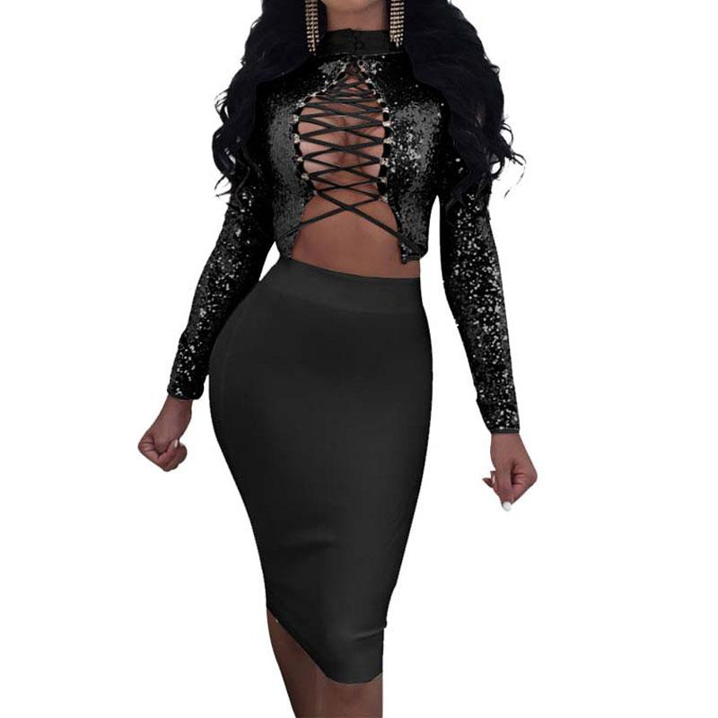 Women Sexy Night Club Skirt Set Suits