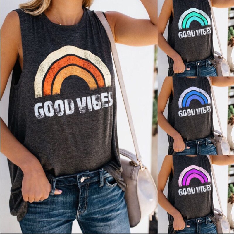 Print Round Neck Rainbow Summer Top