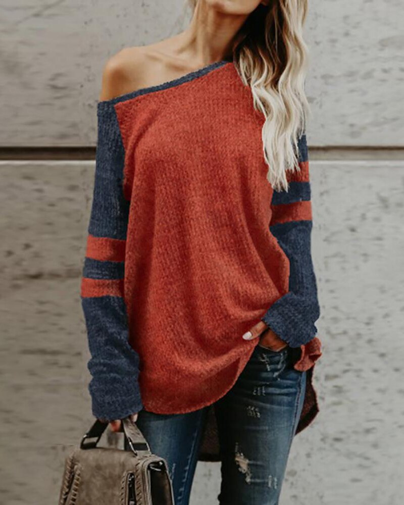 Pullover Color Striped Shoulder Sweater