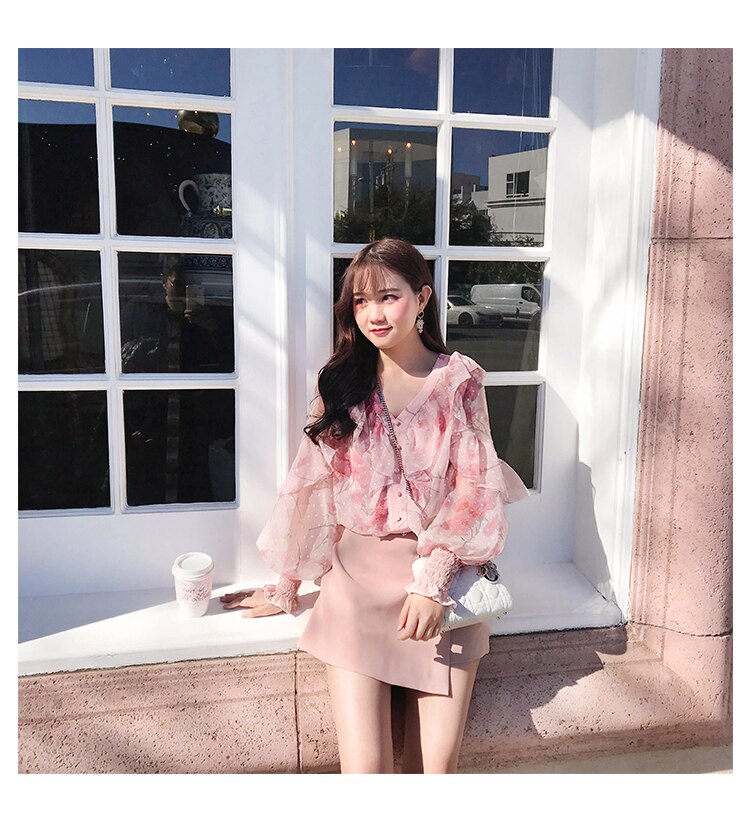 Women Fashion Shirt V-neck Ruffles  Blouse
