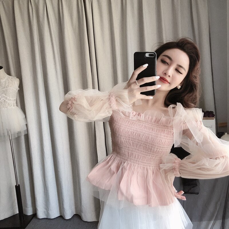 Strap Bowtie Fairy Tulle Blouse