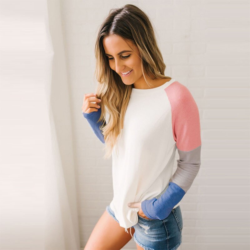 Three-Color Stitching Long-Sleeved Loose T-Shirt