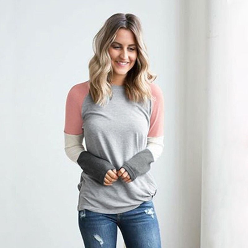 Three-Color Stitching Long-Sleeved Loose T-Shirt