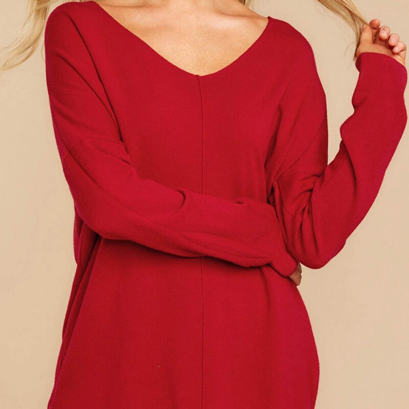 Sexy V-Neck Loose Slit Hem Long Sleeved Top