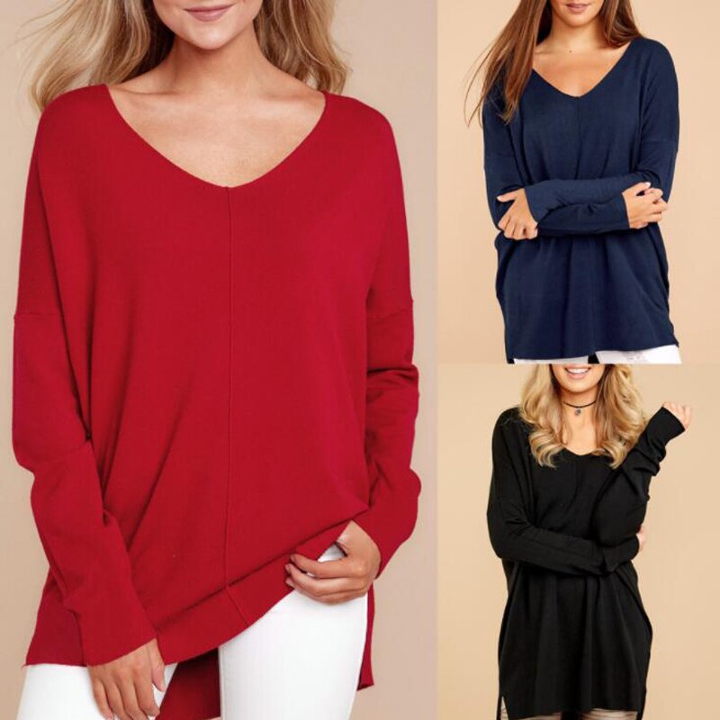 Sexy V-Neck Loose Slit Hem Long Sleeved Top