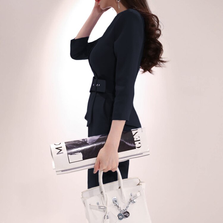 Women V-neck Long Sleeve Belted Peplum Jumpsuit