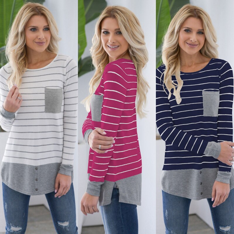 Striped Pocket Round Neck Slim Summer Fashion Top