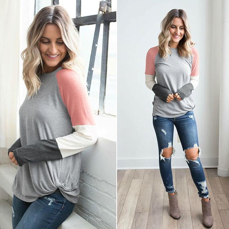 Three-Color Stitching Long-Sleeved Loose T-Shirt