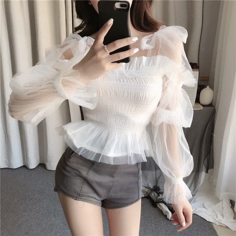 Strap Bowtie Fairy Tulle Blouse