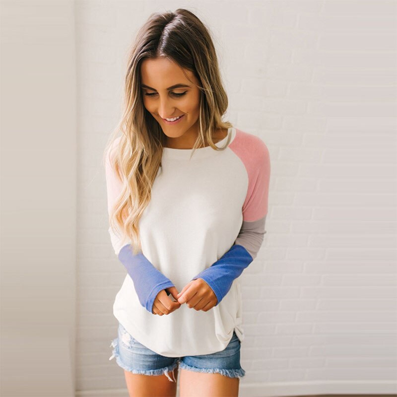 Three-Color Stitching Long-Sleeved Loose T-Shirt