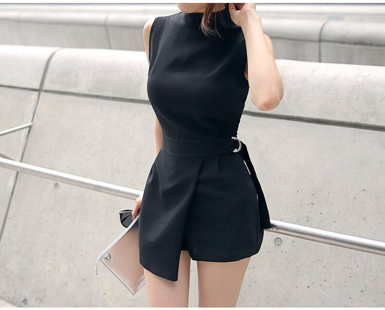 Women Elegant Belted Slim Short Jumpsuit
