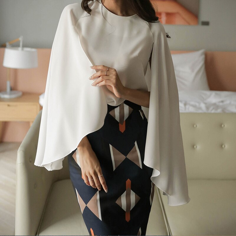 Women Shirts Fake Two Pieces Cloak Sleeve Cape Shirt