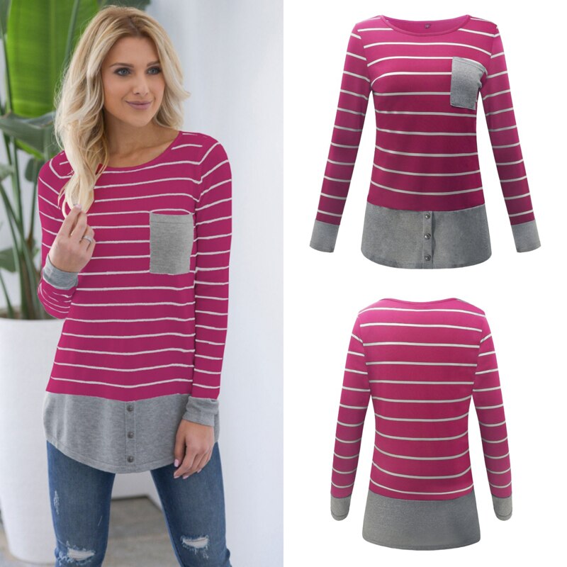 Striped Pocket Round Neck Slim Summer Fashion Top
