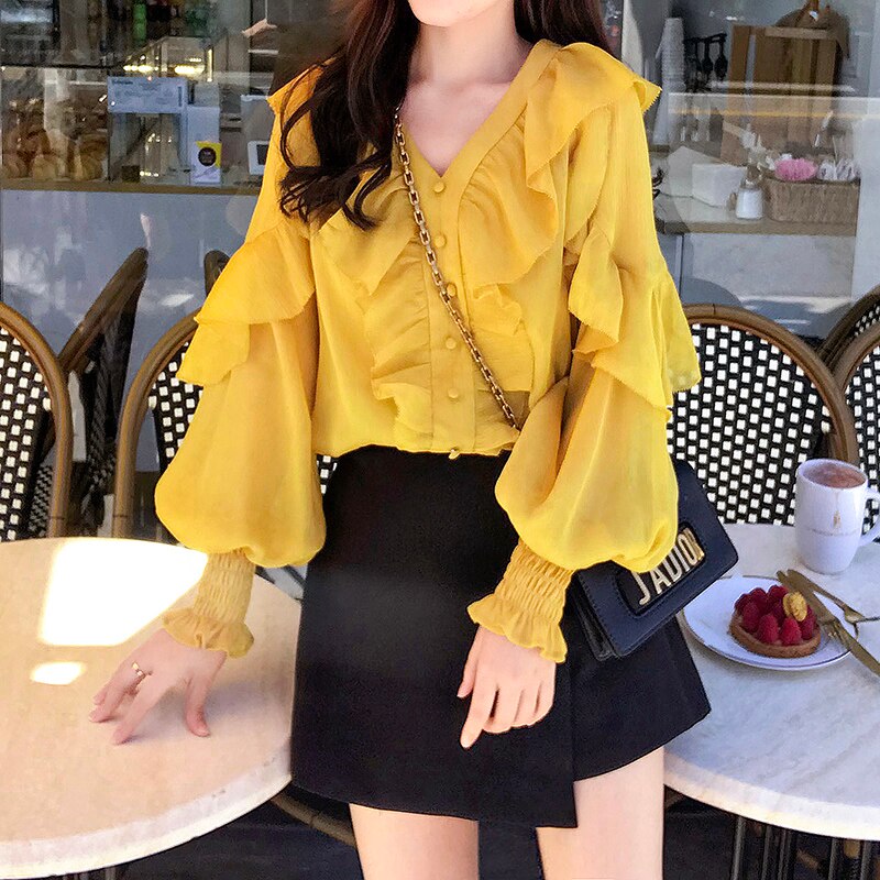 Women Fashion Shirt V-neck Ruffles  Blouse