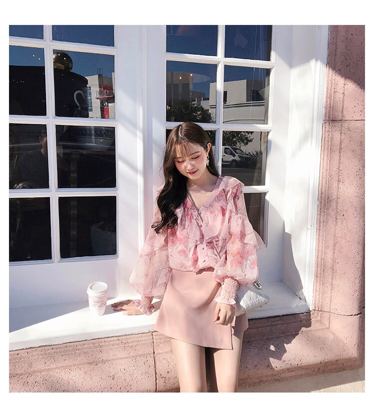 Women Fashion Shirt V-neck Ruffles  Blouse
