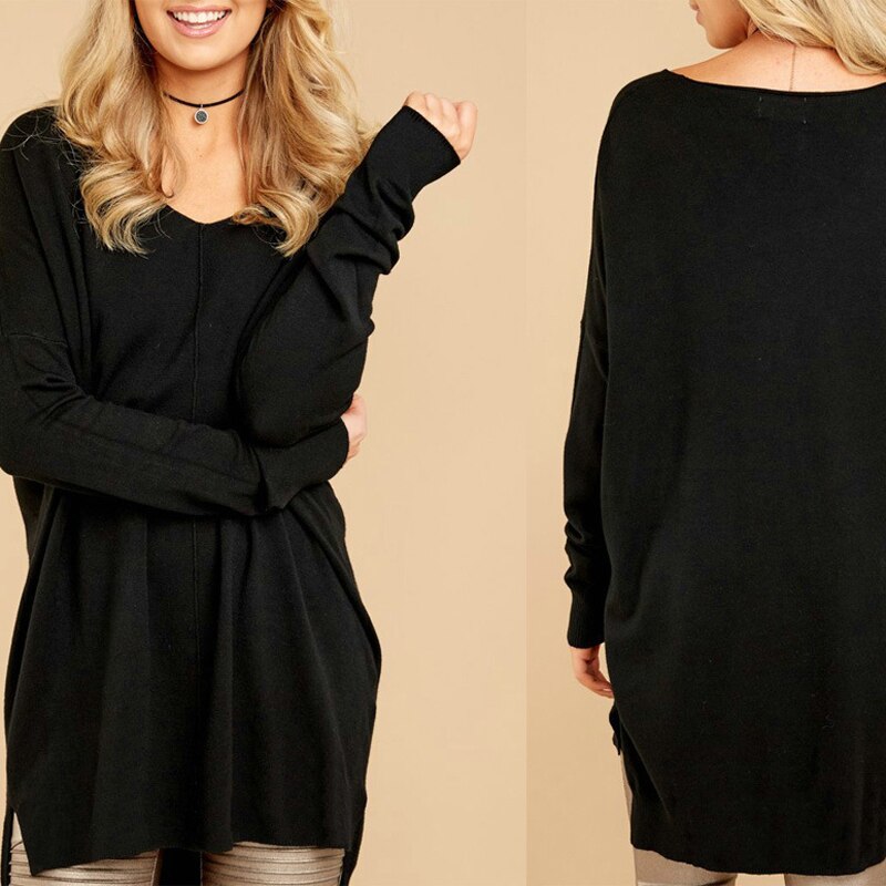 Sexy V-Neck Loose Slit Hem Long Sleeved Top