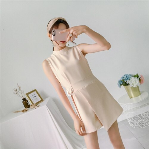 Women Elegant Belted Slim Short Jumpsuit