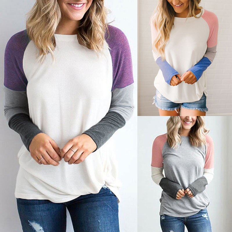 Three-Color Stitching Long-Sleeved Loose T-Shirt