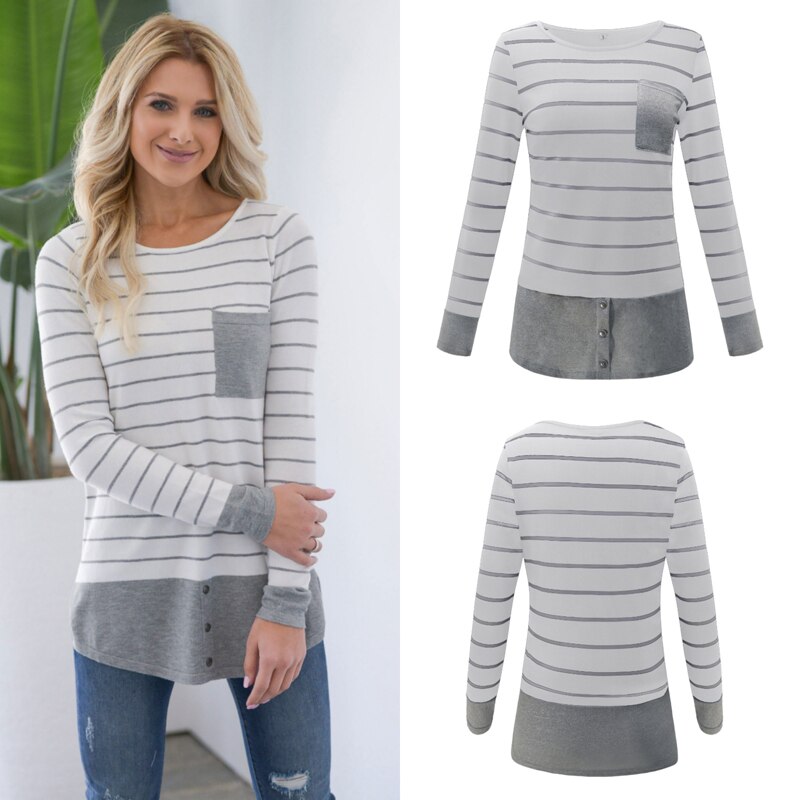 Striped Pocket Round Neck Slim Summer Fashion Top