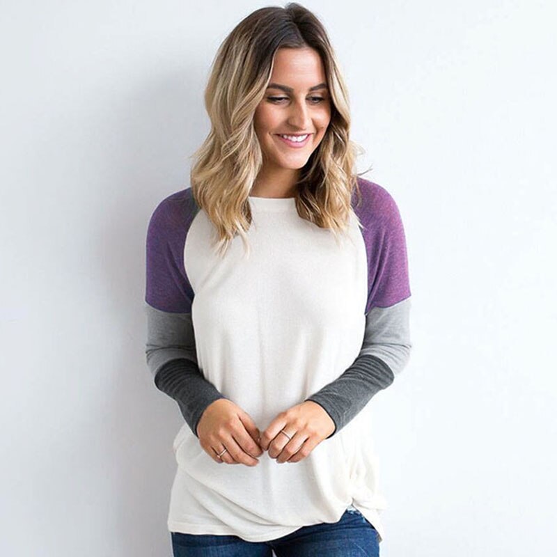 Three-Color Stitching Long-Sleeved Loose T-Shirt