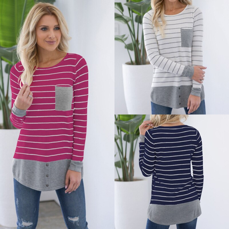 Striped Pocket Round Neck Slim Summer Fashion Top