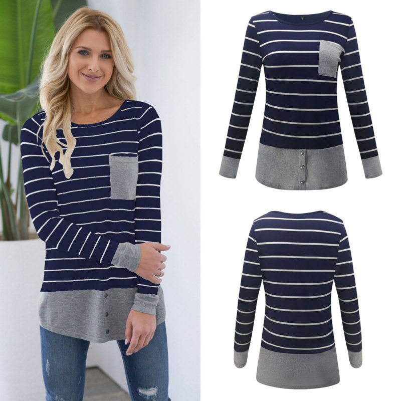 Striped Pocket Round Neck Slim Summer Fashion Top