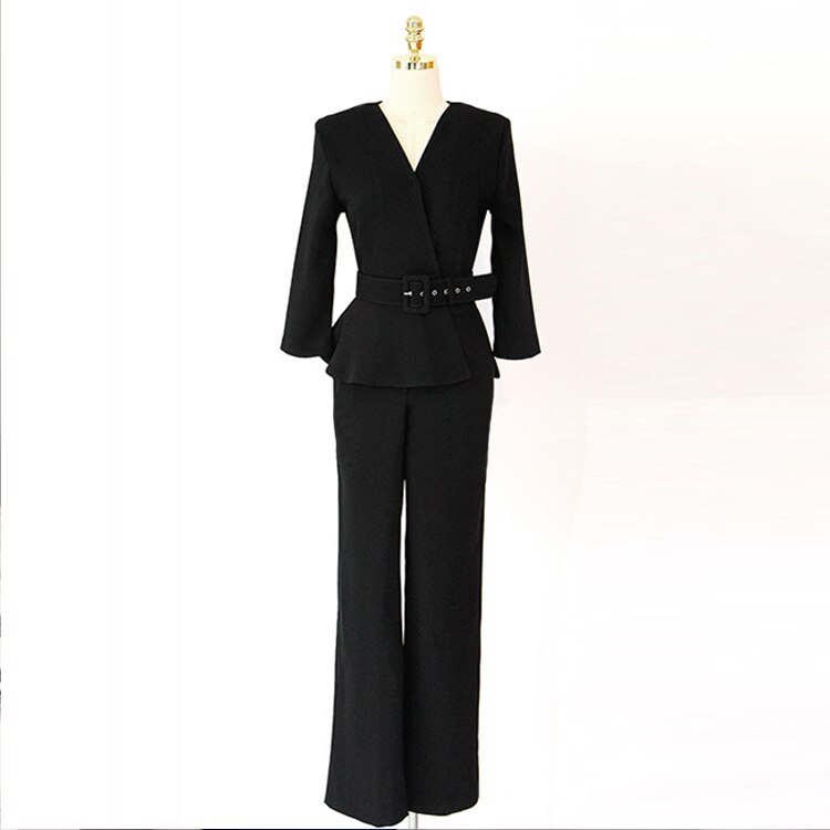 Women V-neck Long Sleeve Belted Peplum Jumpsuit