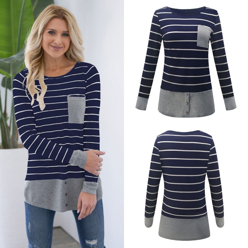 Striped Pocket Round Neck Slim Summer Fashion Top