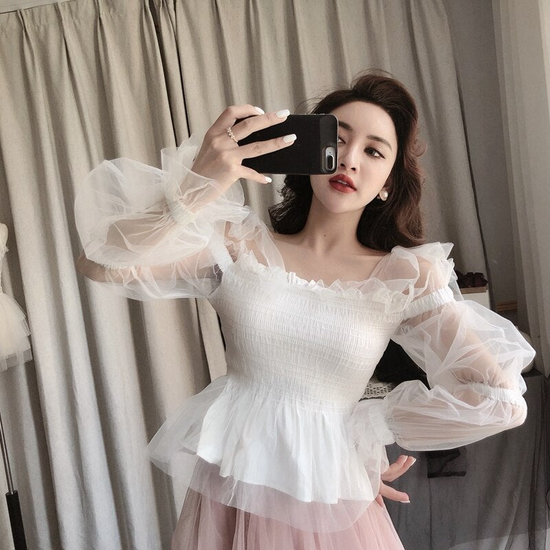 Strap Bowtie Fairy Tulle Blouse