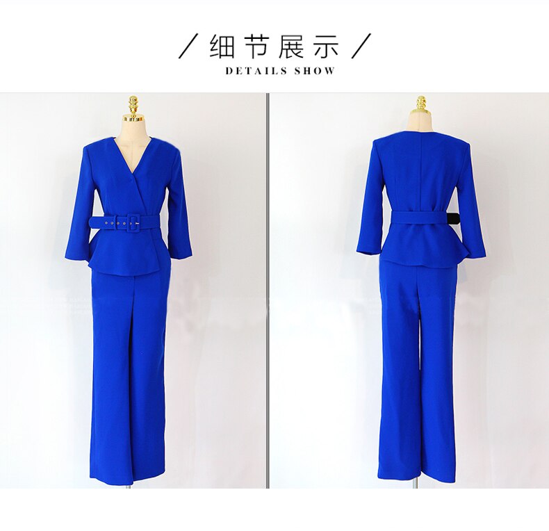 Women V-neck Long Sleeve Belted Peplum Jumpsuit