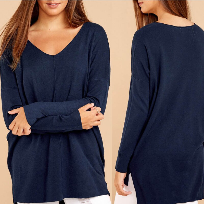 Sexy V-Neck Loose Slit Hem Long Sleeved Top