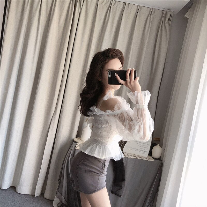 Strap Bowtie Fairy Tulle Blouse