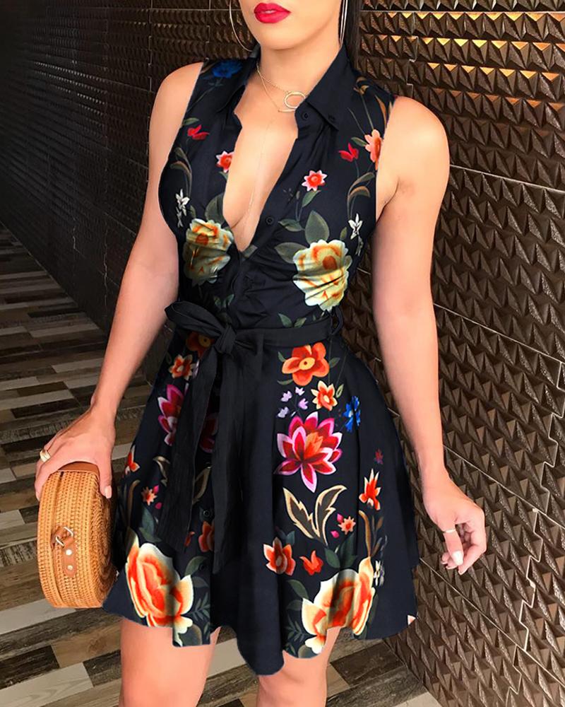 Women Summer Floral Sleeveless Shirt Dress