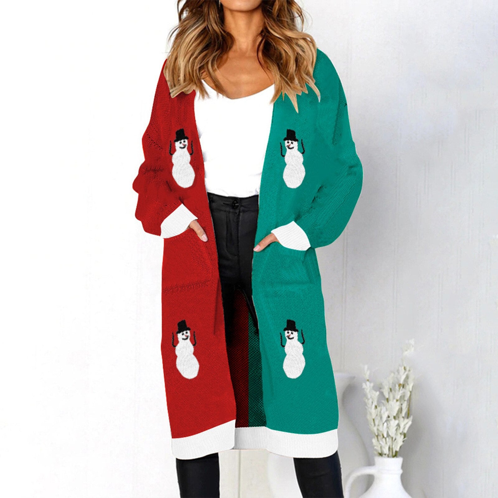 Snowman Pattern Long Cardigan Sweater