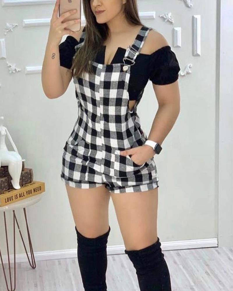 Women Fashion Elegant Plaid Pockets Romper