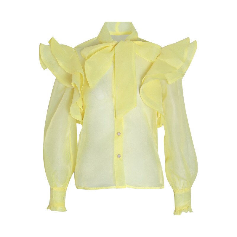 Sweet Bow Lace-up Ruffled Long Sleeve Shirt