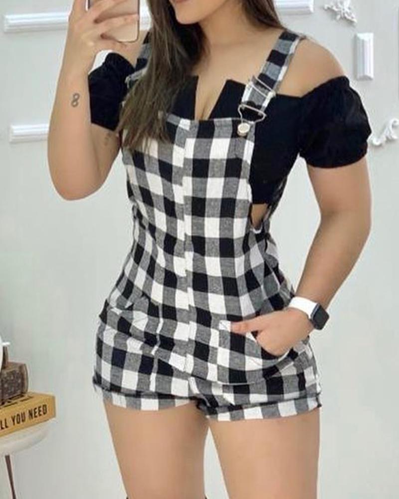 Women Fashion Elegant Plaid Pockets Romper
