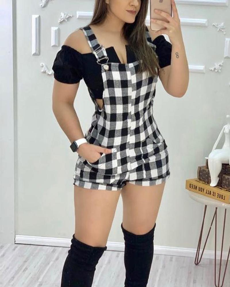 Women Fashion Elegant Plaid Pockets Romper