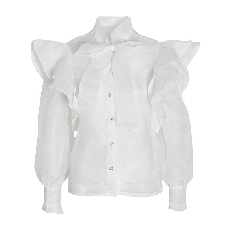 Sweet Bow Lace-up Ruffled Long Sleeve Shirt