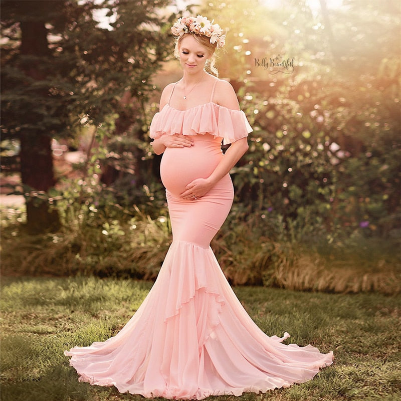 Ruffle Collar Off Shoulder Maternity Dress