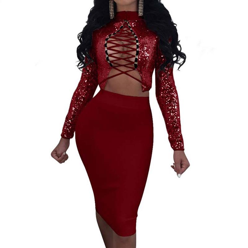 Women Sexy Night Club Skirt Set Suits
